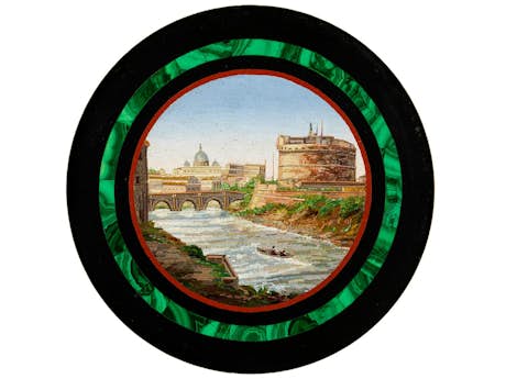 Feines rundes Mikromosaik mit der Darstellung „Blick auf den Tiber mit der Engelsburg“